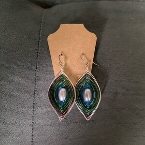 Artisan Iridescent Green and Blue Teardrop Dangle Earrings with Pearl Accent